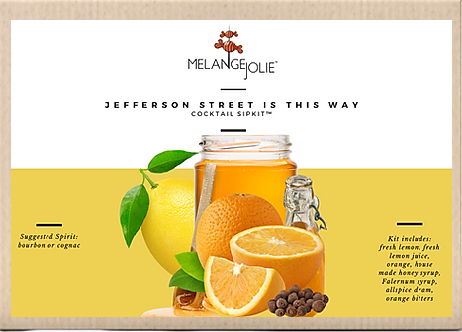 Mélange Jolie Jefferson Street Cocktail SipKit™ with ingredients and coupe glass displayed elegantly.